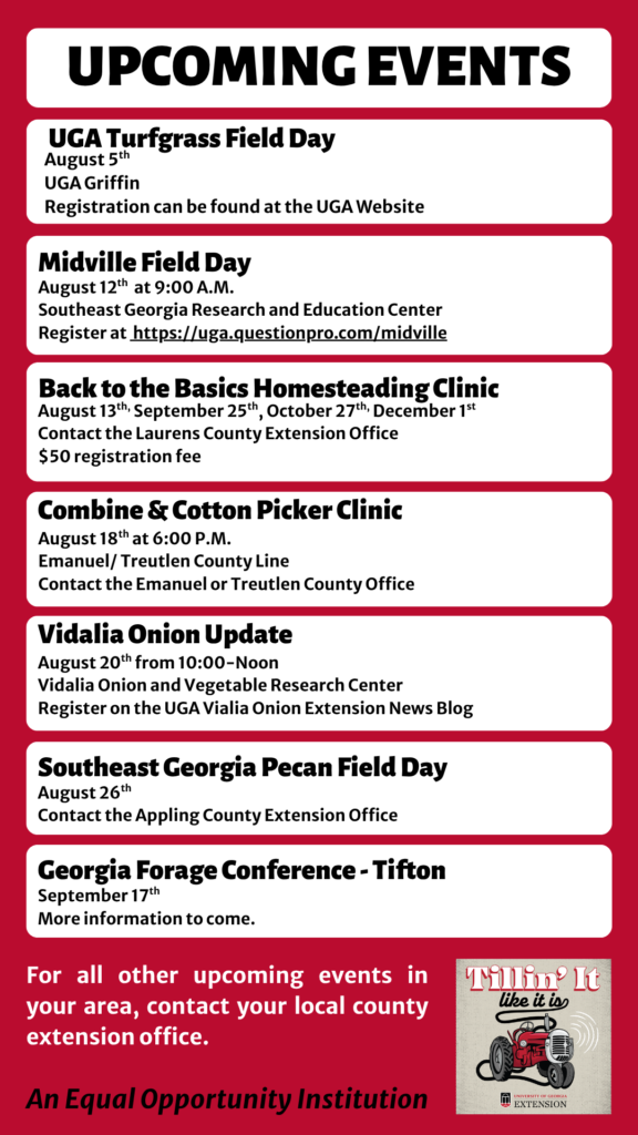 UGA Turfgrass Field Day: 8/5 

Midville Field Day: 8/12 

Back to the Basics: Homesteading Clinic: 8/13. 9/25, 10/27, 12/1 

Combine & Cotton Picker Clinic: 8/18 

UGA Vidalia Onion Update: 8/20

Southeast Georgia Pecan Field Day: 8/26 

Georgia Forages Conference: 9/17 

For more info, contact your local county office. 